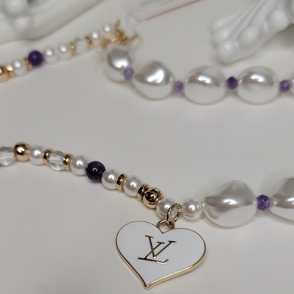 Purple Pearl White Isaac Mizrahi Necklace with LV Heart Zipper Pull Charm